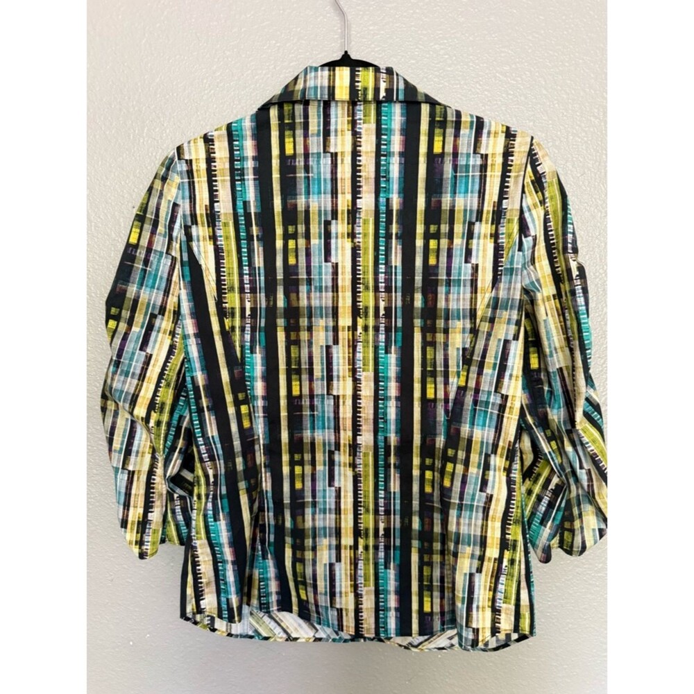 Lafayette 148 New York Abstract Stripe Ruched Sleeve Cotton Stretch Shirt 4 S - Picture 3 of 5